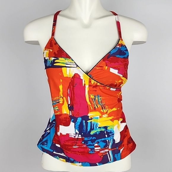 Simon Chang Tankini Top  Raceback Multi Colour Red Blue Padded Cups Size 10 - Picture 1 of 12